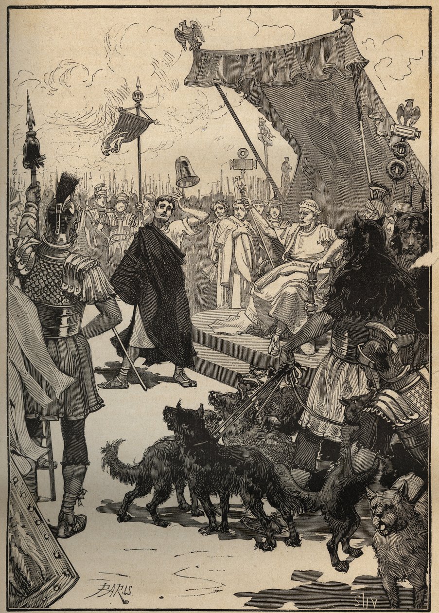 El arte del vidrio: vidrio templado en la antigua Roma. Un artesano lanza un jarrón de vidrio contra losas y el objeto no se rompe para sorpresa de los espectadores, incluido el emperador Tiberio (Tiberio Claudio Nerón, 42 a.C.-37 d.C.). Grabado de 1885 en de Unknown artist