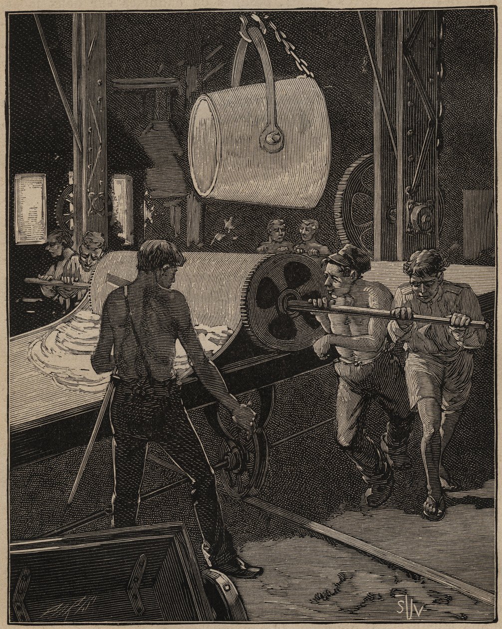 El arte del vidrio: fabricación de helados. Paso llamado "el gran flujo". Grabado de 1885 en "Les arts et metiers illustres" por Adolphe BITARD de Unknown artist