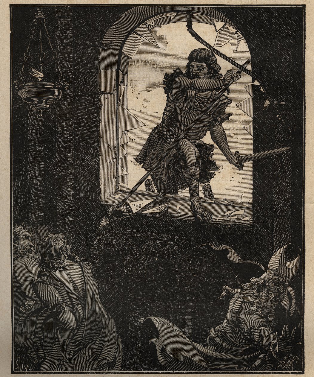 El arte del vidrio: vitrales pintados. Los soldados de Teodorico rompen un vitral para entrar en la iglesia de Brioude (Haute Loire) en 521. Grabado de 1885 en “Les arts et metiers illustres” por Adolphe BITARD. de Unknown artist