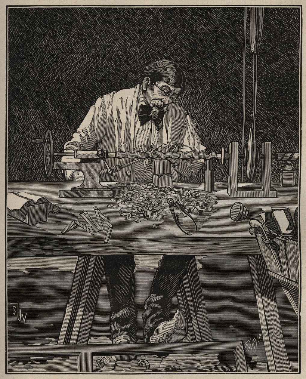 El arte del torno: modelado de una columna torso. Grabado de 1885 en “Les arts et metiers illustres” por Adolphe BITARD. de Unknown artist