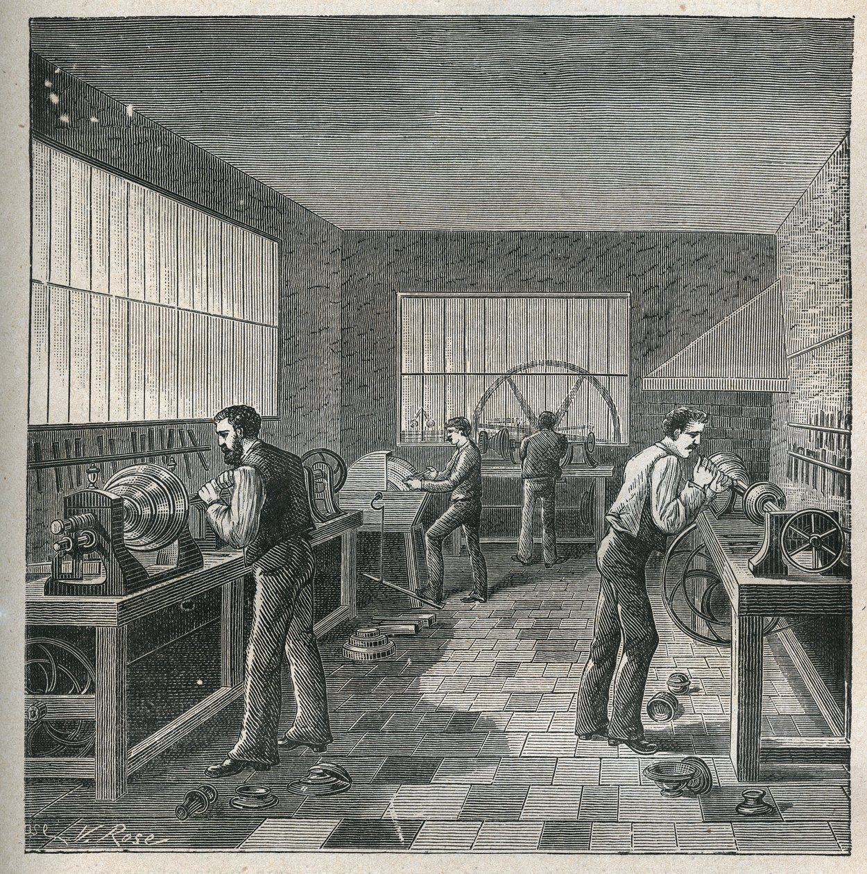 El arte del torno: trabajo en metal en un taller de un tornero-repulsor. Grabado de 1885 en “Les arts et métiers illustrés” de Adolphe Bitard. de Unknown artist
