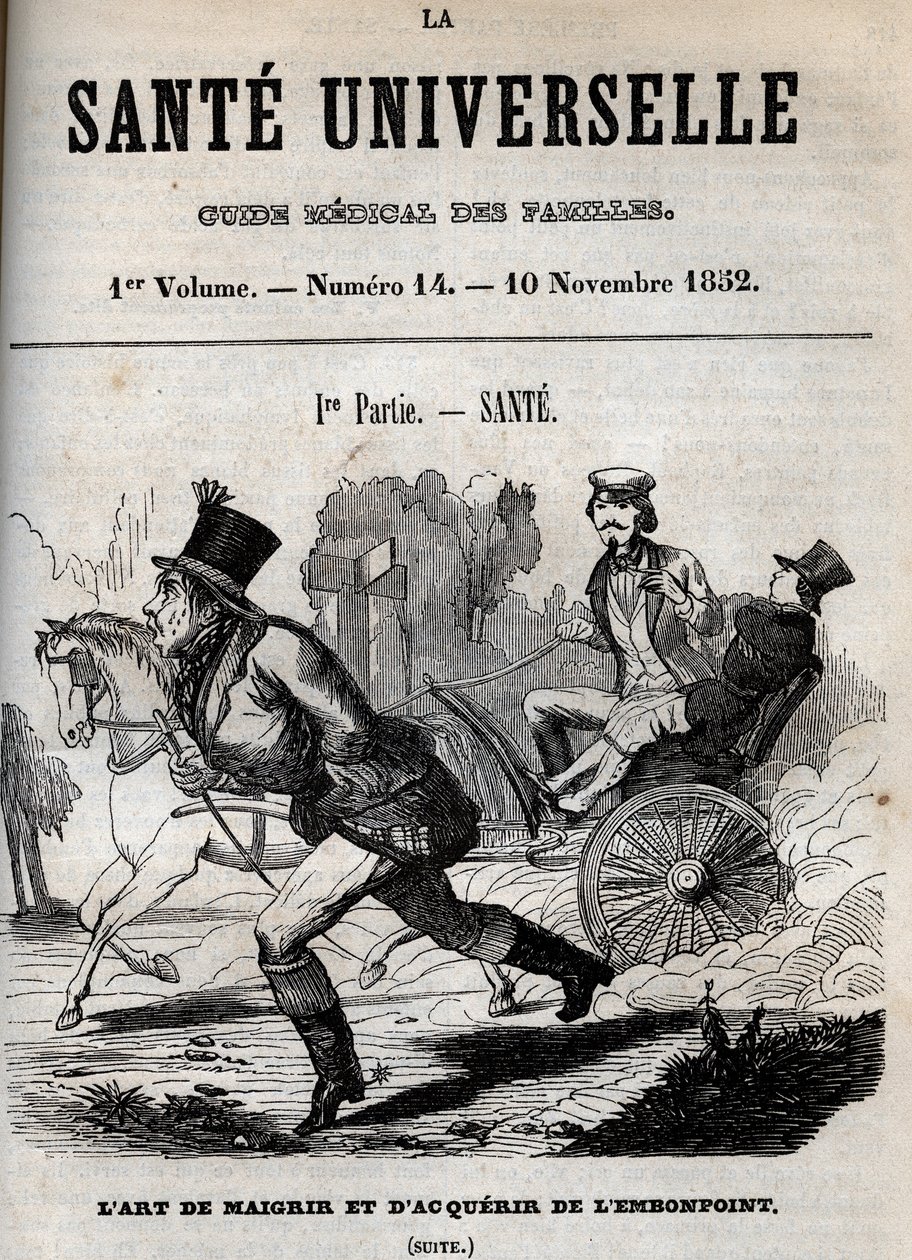 El arte de perder peso y engordar: un hombre camina mientras otro es transportado en un carruaje - grabado en "La Santé Universelle - Guía Médica de las Familias" 1852 de Unknown artist