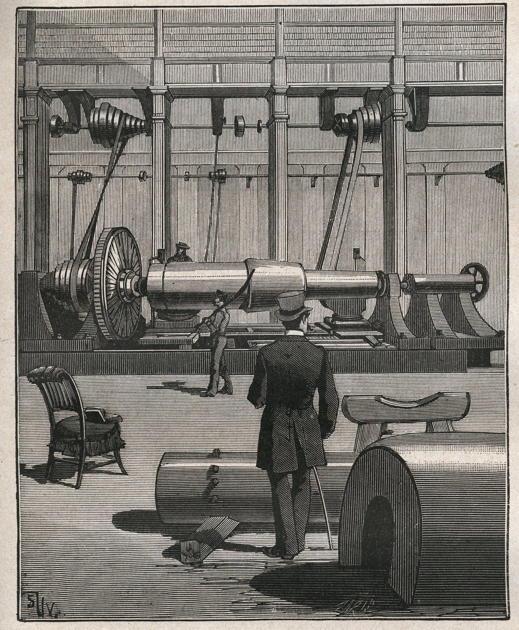 El arte del torno: disparo de un cañón monstruo de acero. Grabado de 1885 en “Les arts et metiers illustres” por Adolphe BITARD. de Unknown artist