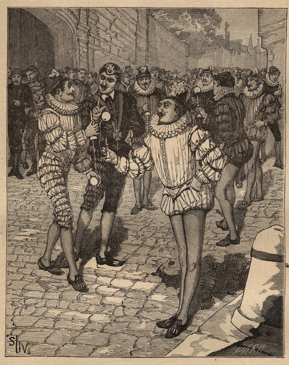 El arte del giro: la pelota. El Rey Enrique III (1551-1589) y sus cortesanos jugando al bilboquet en la calle. Grabado de 1885 en 