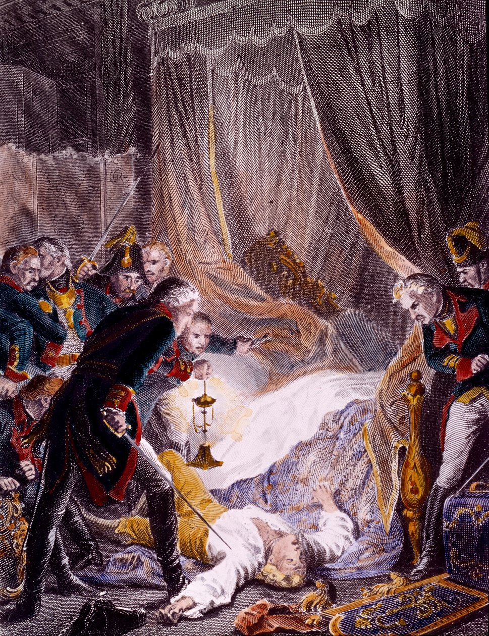 El asesinato de Pablo I Petrovich (1754-1801), zar ruso en su habitación en el Palacio de San Miguel después de ser obligado a firmar su abdicación. Grabado alrededor de 1801. Colección privada de Unknown artist