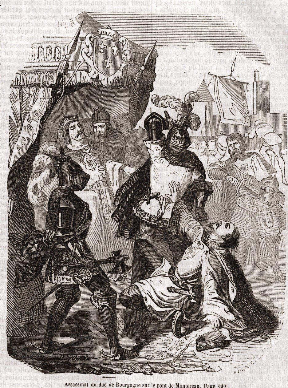 El asesinato del Duque de Borgoña (Jean sin miedo) en el puente de Montereau - en “Historia de Francia” de Anquetil, París de Unknown artist