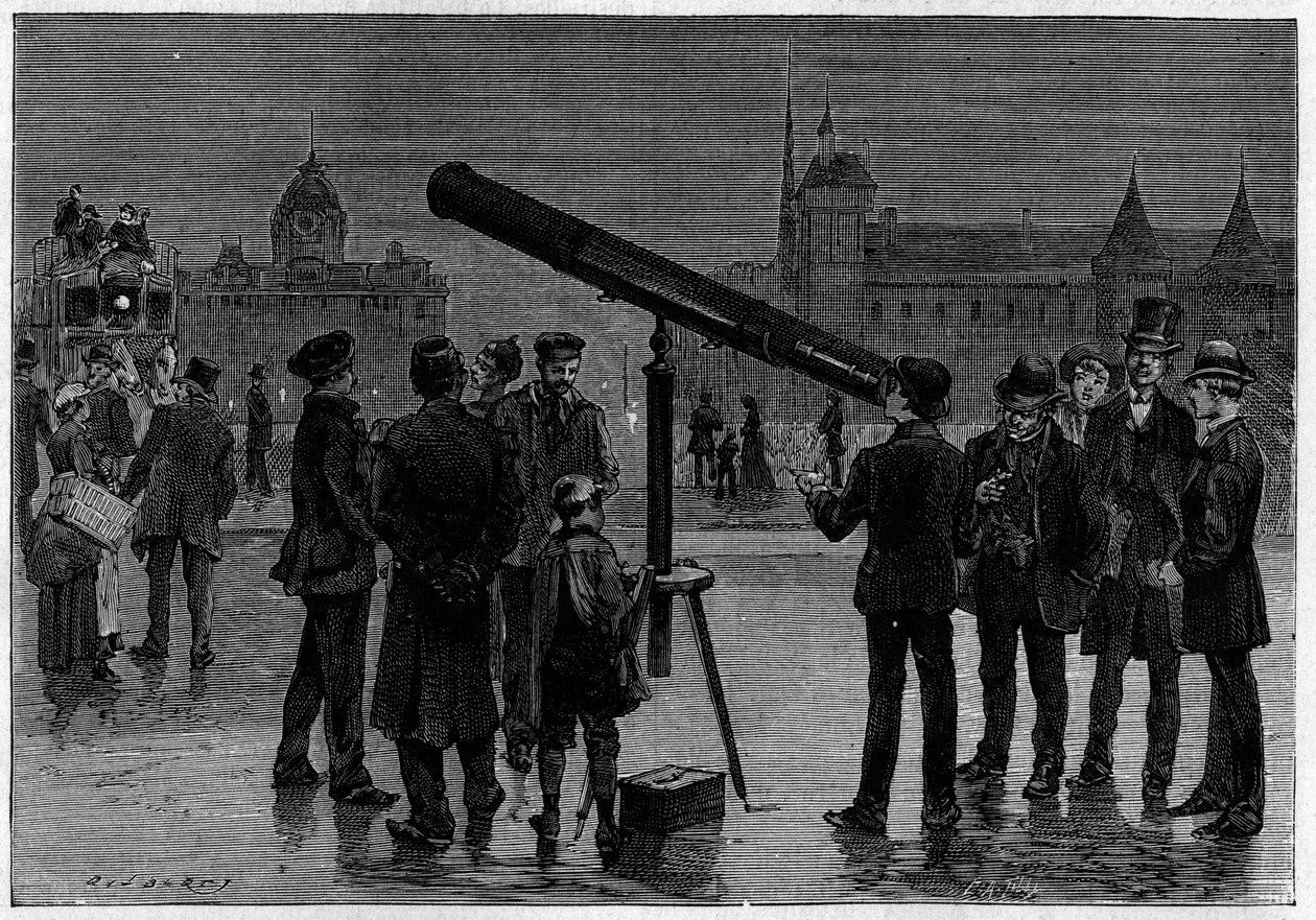 El astrónomo y su bisel astronómico en la Place du Chatelet, en París, en el momento de las observaciones del planeta Venus, en febrero de 1889. Grabado en "La Nature. Revue des sciences et de ses aplicaciones aux arts et a l