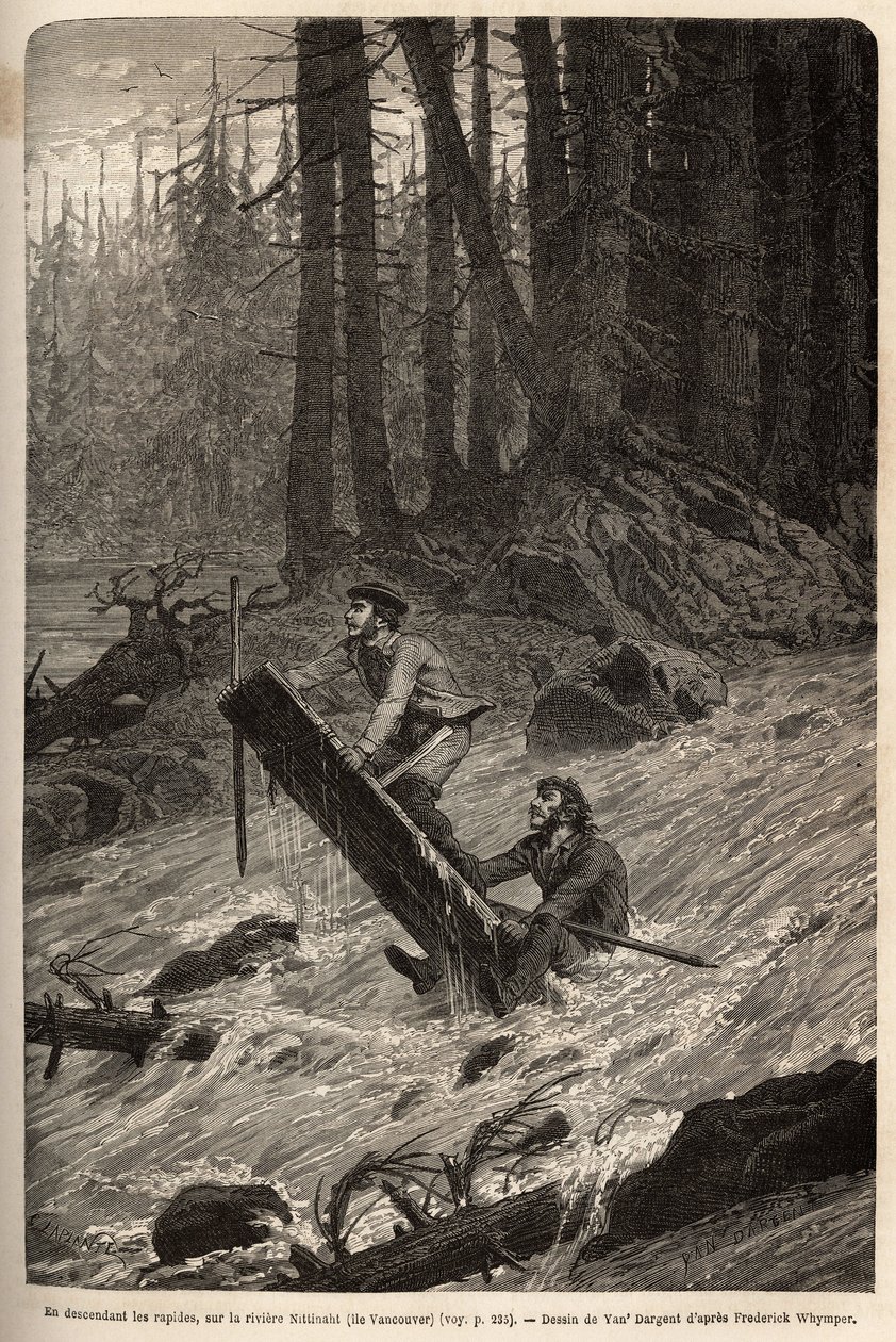 El autor y su viajero, Mcdonald, descendiendo los rápidos en el río Nittinaht (Isla de Vancouver) en una balsa improvisada. Grabado para ilustrar el viaje y aventuras en la Colombia Inglesa, Isla de Vancouver y Alaska, por Frederick Whymper de Unknown artist