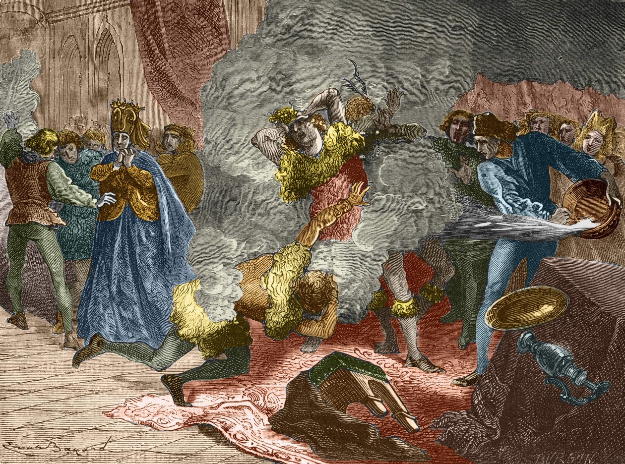 El baile de los ardientes o baile de los salvajes: con motivo de la boda de una dama de Isabeau (Isabella, Elizabeth) de Baviera el 28 de enero de 1393, el rey se disfrazó y se encadenó a otros cuatro cortesanos. Su hermano, el Duque de Orleans de Unknown artist
