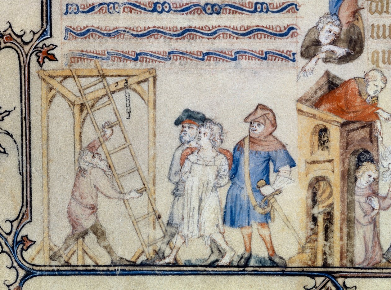 "La balada del ahorcado". Miniatura que ilustra el poema de François de Moncorbier dit Villon (1431/1432-1463). Siglo XV (miniatura) de Unknown artist