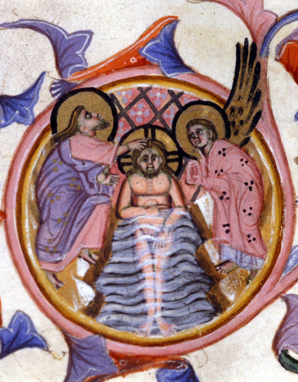 El bautismo de Cristo en el Jordán por San Juan Bautista (después de una miniatura de un manuscrito del siglo XIV) de Unknown artist