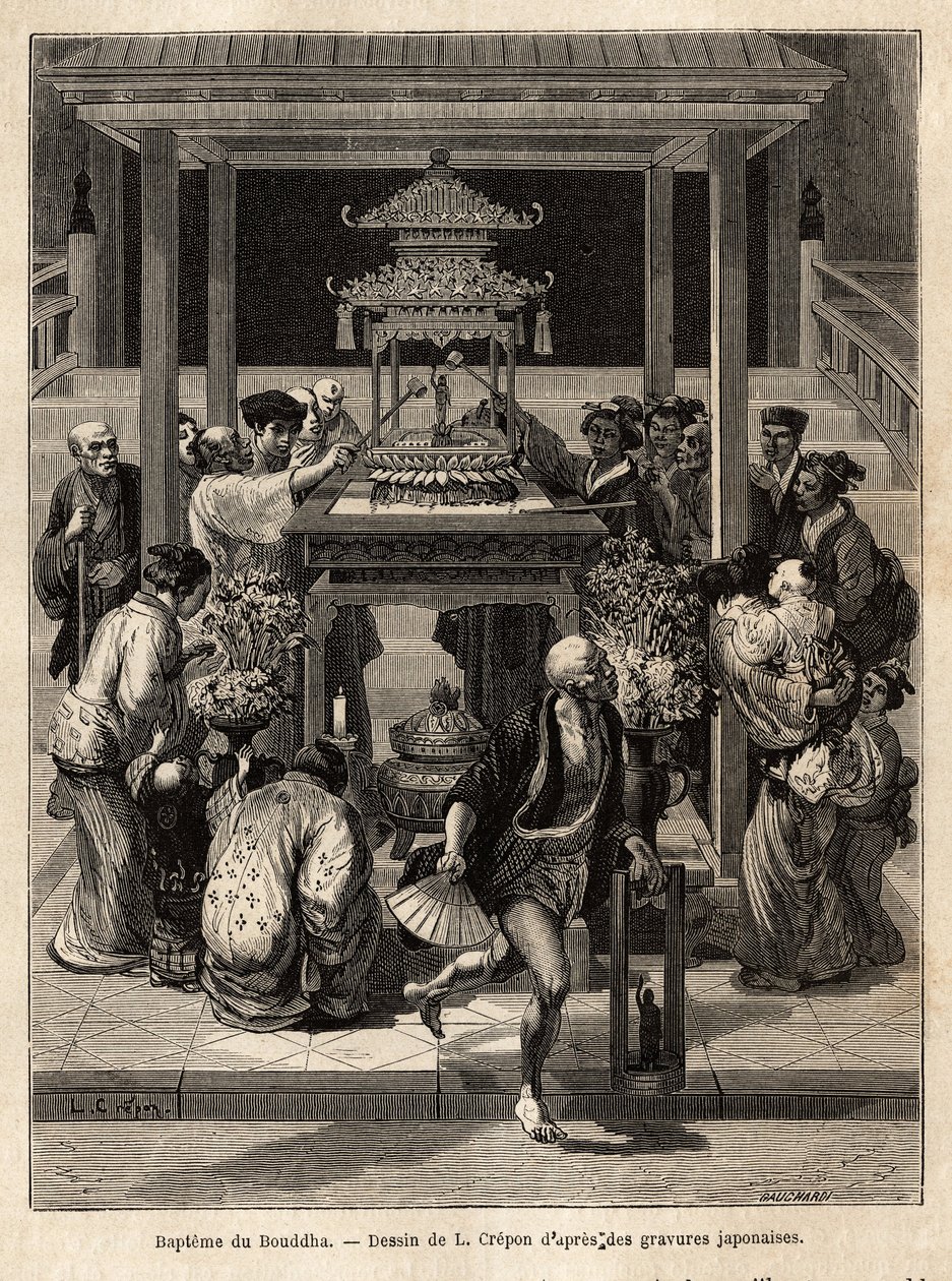 El bautismo del Buda, una fiesta anual que tiene lugar el 8º día del 4º mes, los devotos riegan la estatua de bronce del Buda expuesta para la ocasión frente a los templos. Grabado para ilustrar el viaje a Japón, por Aime Humbert, ministro de la Confederac de Unknown artist