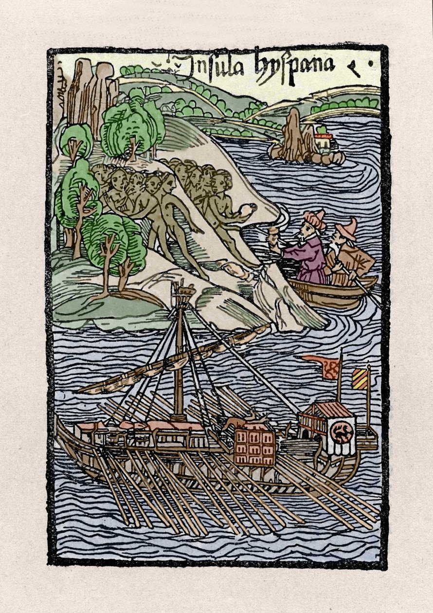El desembarco en La Española por Cristóbal Colón (1451-1506). Grabado de “De insulis in mare Indico super inventis”, Bale 1493-1494 (traducción latina del informe de Colón al Rey de España) de Unknown artist