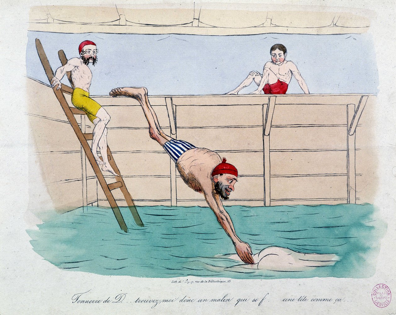 El baño: caricatura de baños públicos (piscinas) en París - siglo XIX, Carnavalet de Unknown artist