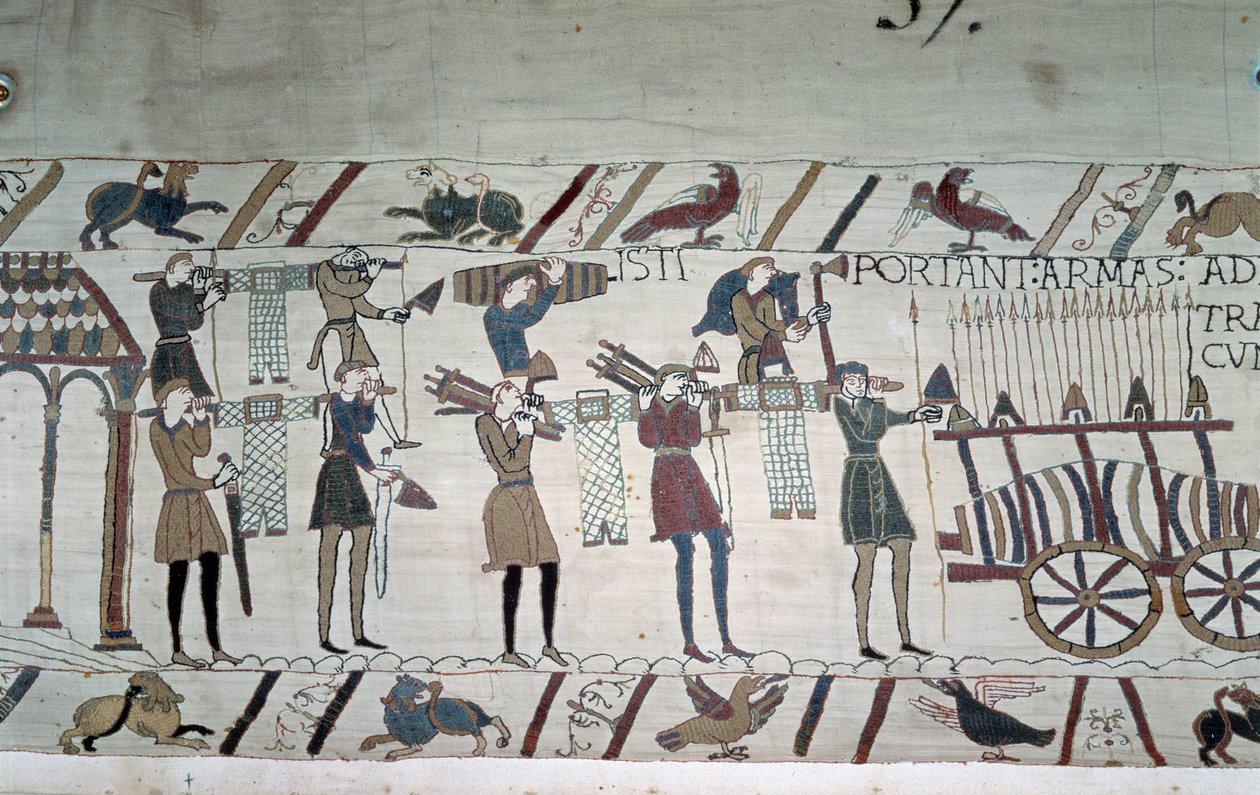 La batalla entre los infantes ingleses (tropas de Harold) y los normandos a caballo (tropas de Guillermo) - Tapiz de Bayeux, conocido como Bordado de la Reina Matilde de Unknown artist