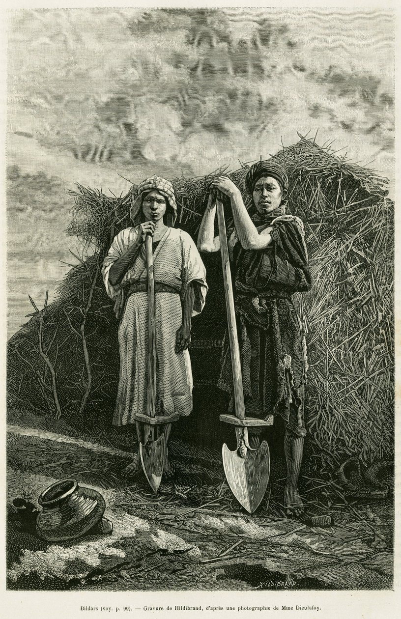 Los bildars, propietarios de una azada, están encargados de cavar los desagües de los campos de trigo de la región de Karoun. Grabado para ilustrar la historia 
