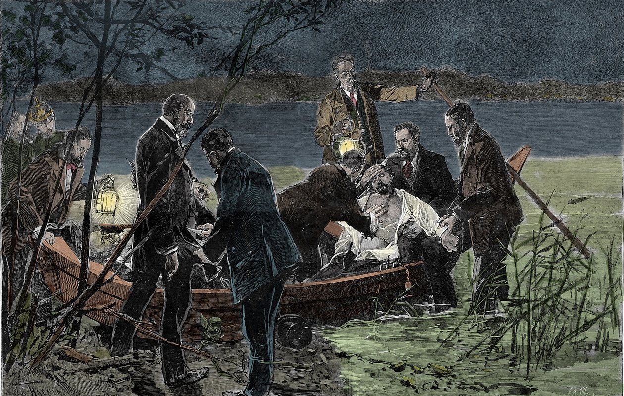 El cuerpo de Luis (Ludwig) II de Baviera Wittelsbach (1845-1886) encontrado ahogado con el Dr. Gudden en el Lago Starnberg cerca del Castillo de Berg en junio de 1886. Grabado de Unknown artist