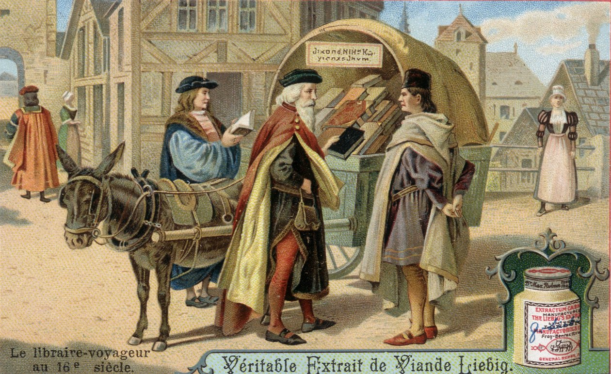 El librero y su librería ambulante en el siglo XVI. Cromolitografía, imagen de Liebig. de Unknown artist