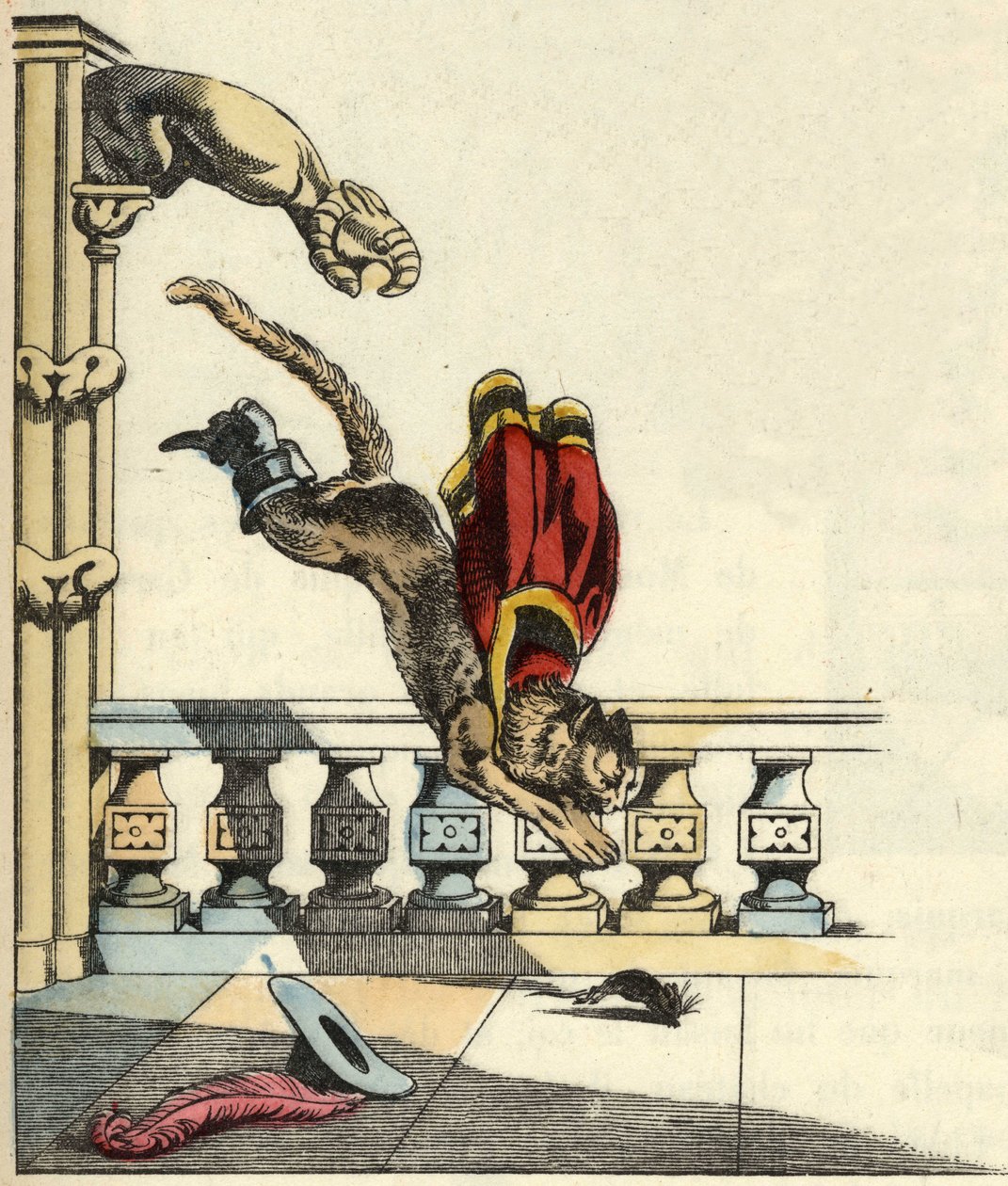El gato con botas, habiendo pedido al ogro que se convierta en ratón, salta para devorarlo. Ilustración del cuento de Charles Perrault “El gato con botas”. de Unknown artist