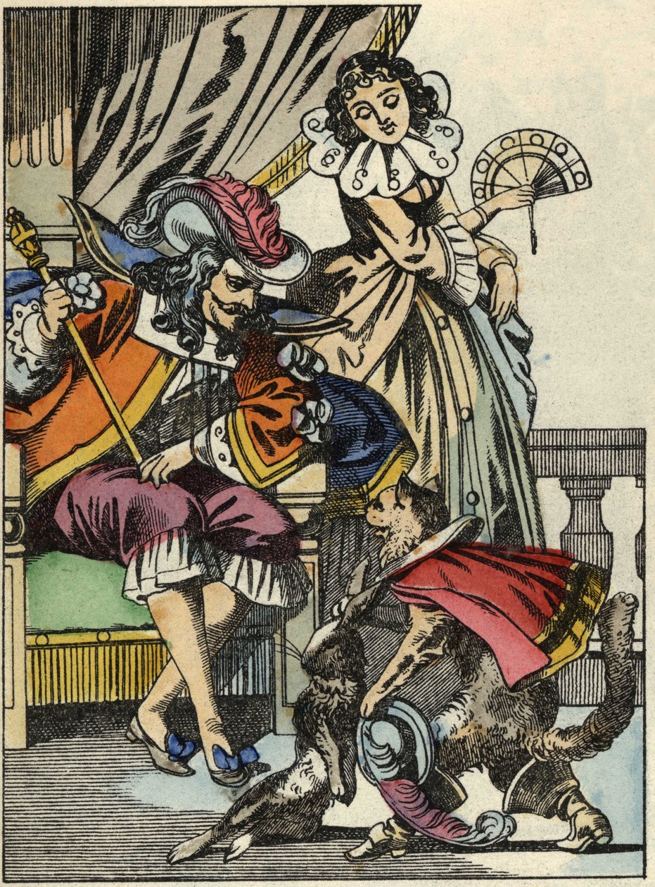 El gato con botas ofrece el conejo al rey de parte de su amo, el Marqués de Carabás. Ilustración del cuento “El gato con botas” de Charles Perrault. de Unknown artist