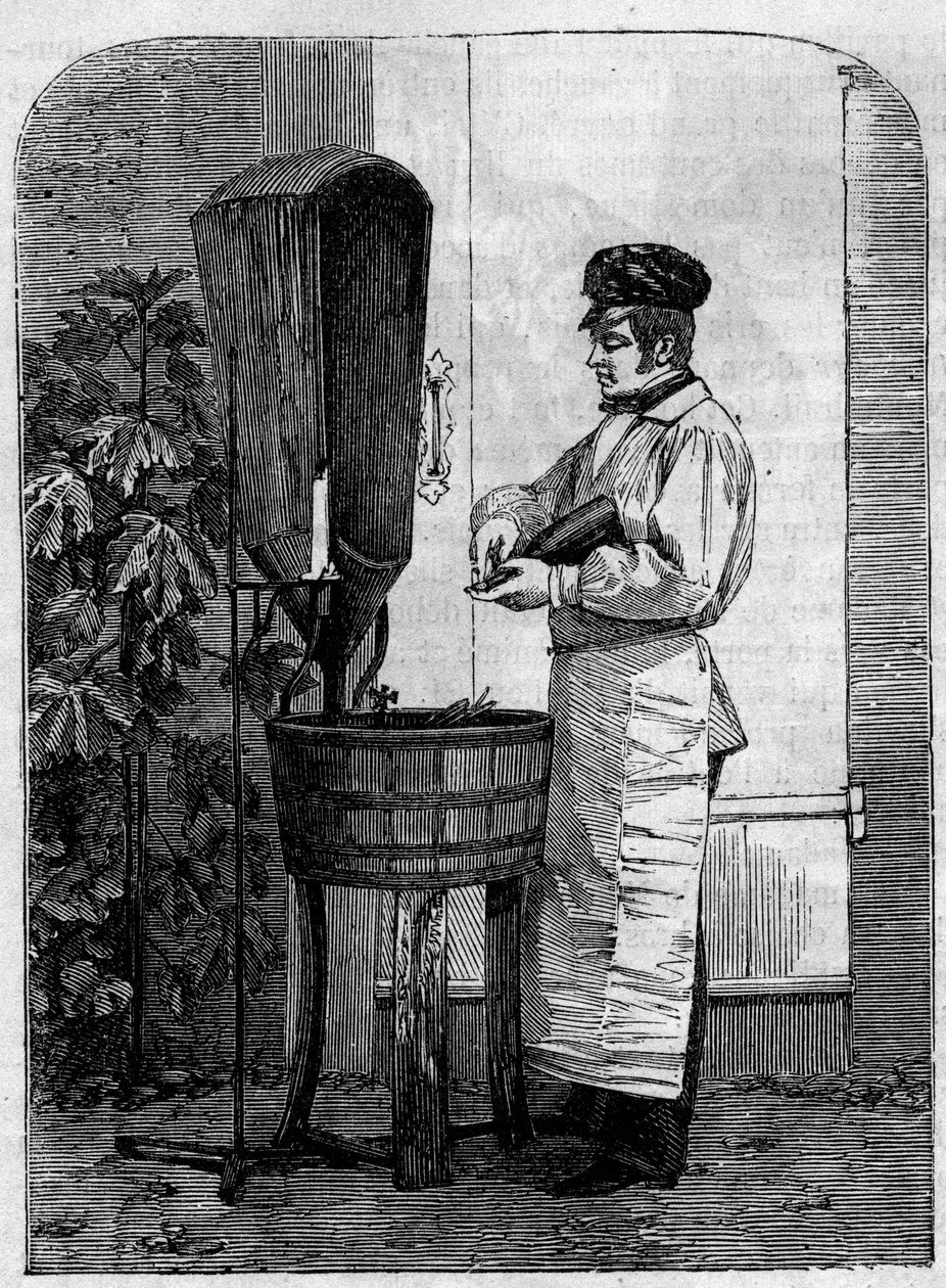 El embotellado del vino de Champagne. Grabado de 1864. de Unknown artist