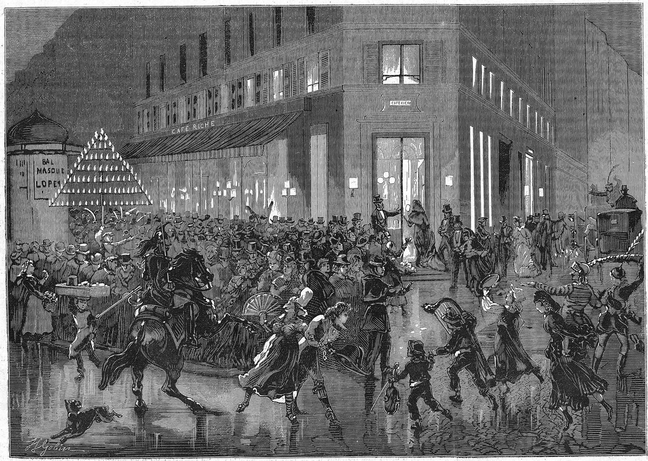 El bulevar de los Italianos en París una noche de Baile en la ópera. grabado de 1873 de Unknown artist