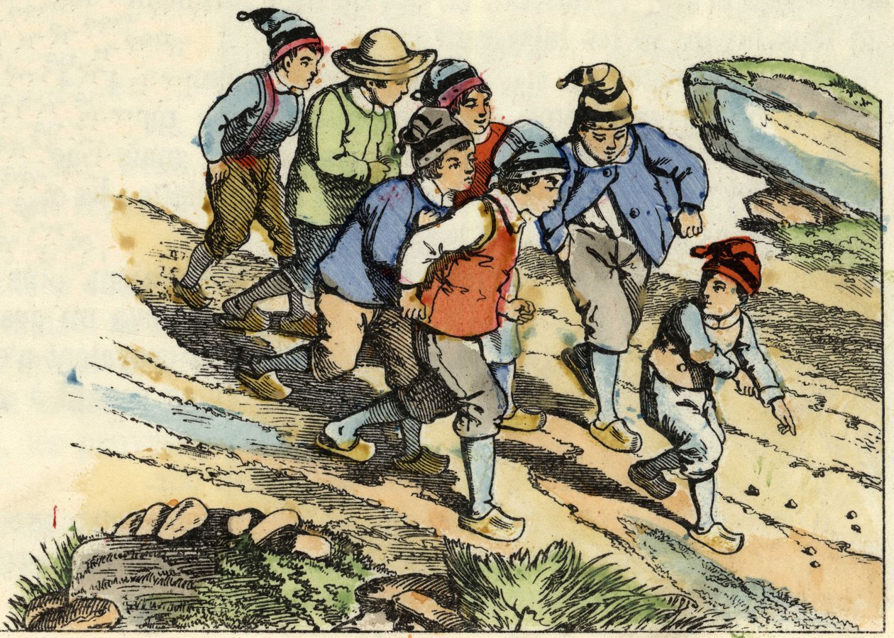 Los hermanos siguen al Pequeño Pulgarcito que sembró guijarros blancos en el camino. Ilustración del cuento “Le Petit Poucet” de Charles Perrault. de Unknown artist