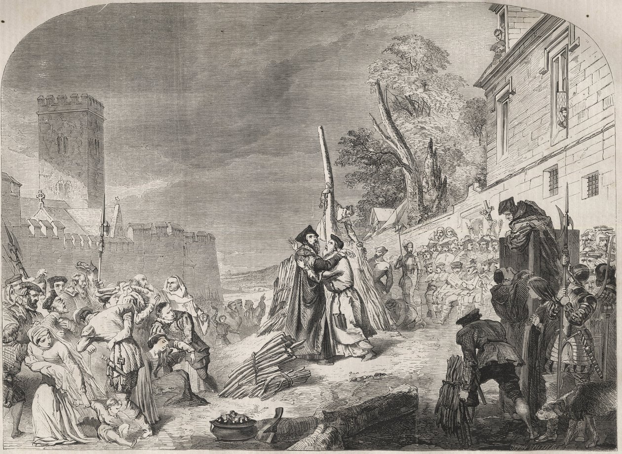 La quema de los obispos Nicholas Ridley y Hugh Latimer en la hoguera cerca de las puertas del Balliol College, Oxford, Inglaterra. de Unknown artist