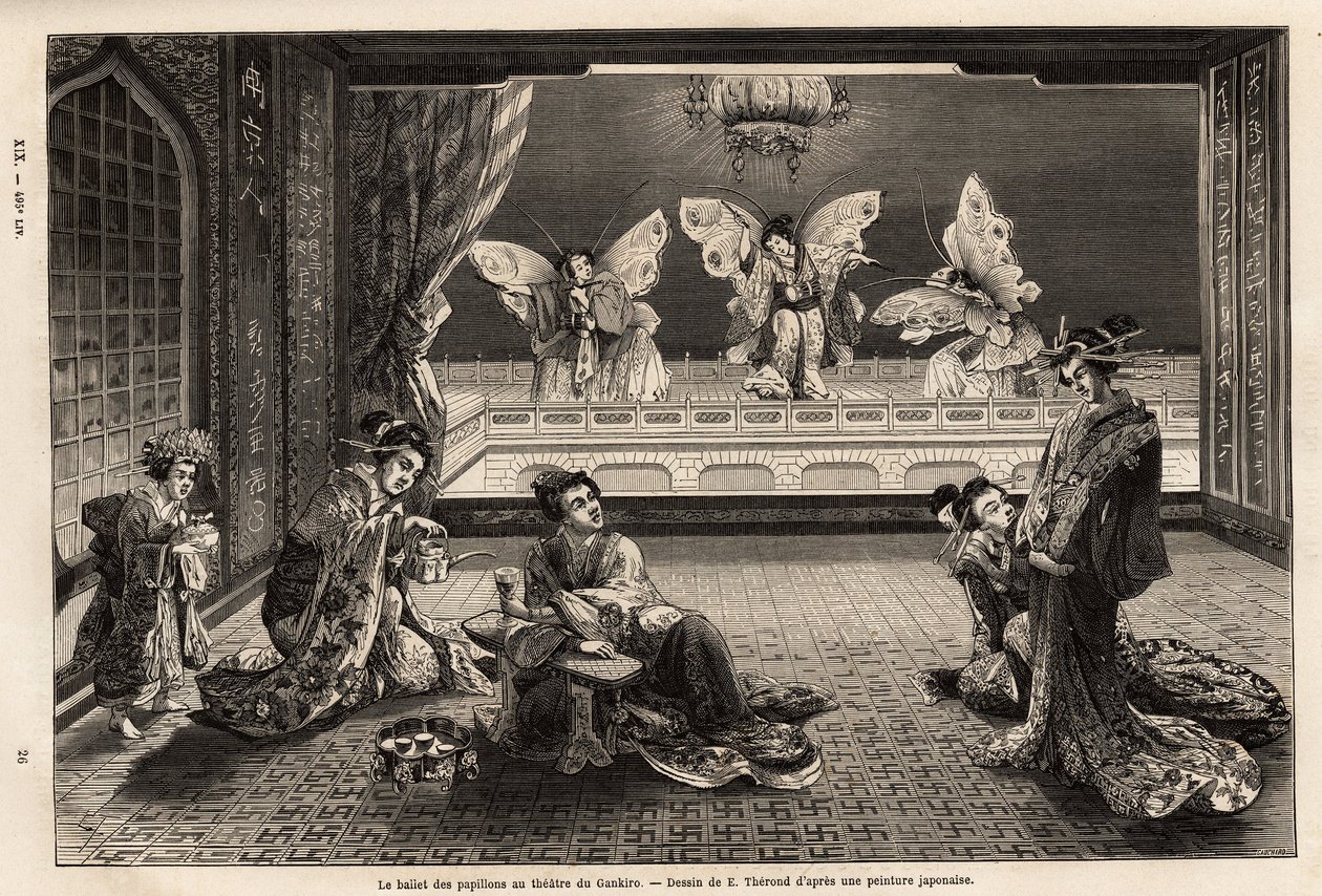 El ballet de las mariposas en el Teatro Gankiro, en el Distrito de Placer Miyozaki en Yokohama. Grabado para ilustrar el viaje a Japón, por Aime Humbert, ministro de la Confederación Suiza, en 1863-1864, publicado en 