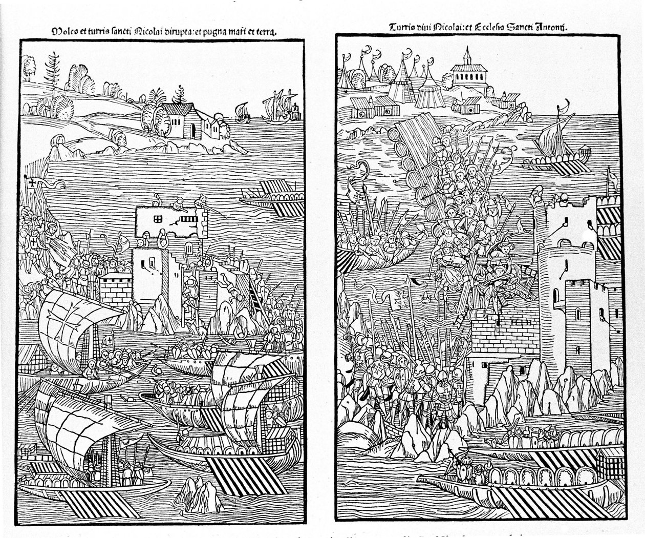 La captura de Rodas por los turcos en 1522. Los turcos atacan la fortaleza de San Nicolás. Xilografía. de Unknown artist
