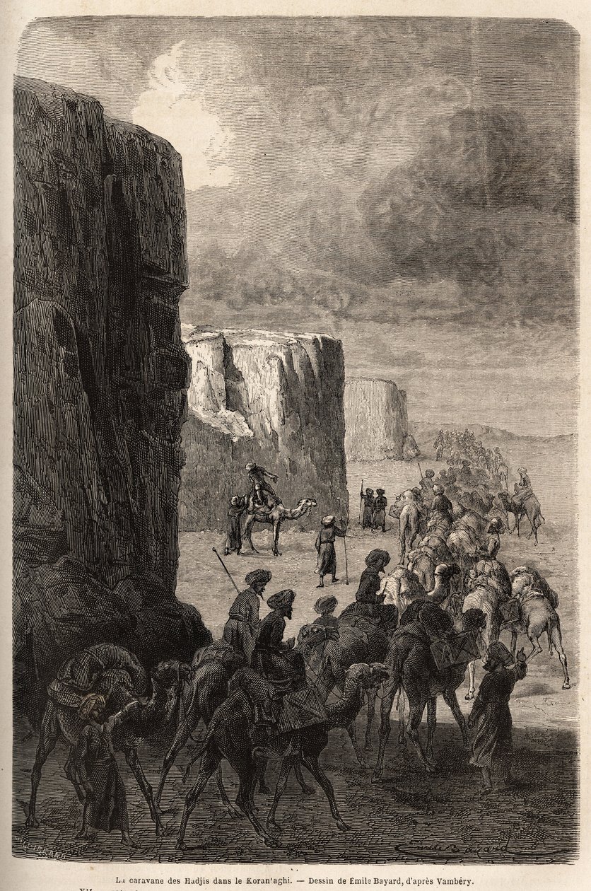 La caravana de los Hajis (peregrinos musulmanes) en Korantaghi (Persia, Irán). Dibujo de Emile Bayard (1837-1891), para ilustrar el viaje a Asia Central, en 1863, de Arminius Vambery (científico húngaro disfrazado de derviche). Grabado en 