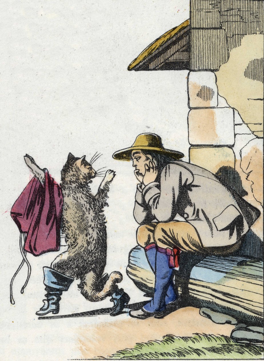 El gato pide ropa y botas a su amo y promete ser rico pronto. Ilustración del cuento de Charles Perrault "El gato con botas" de Unknown artist