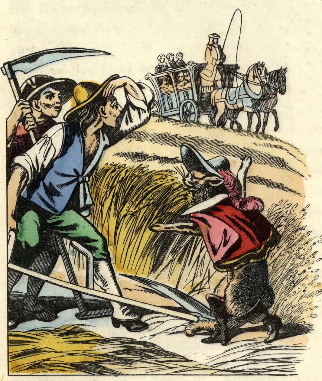 El gato obliga a los campesinos a decir que el campo en el que siegan el trigo pertenece al Marqués de Carabás. Ilustración del cuento “El gato con botas” de Charles Perrault. de Unknown artist