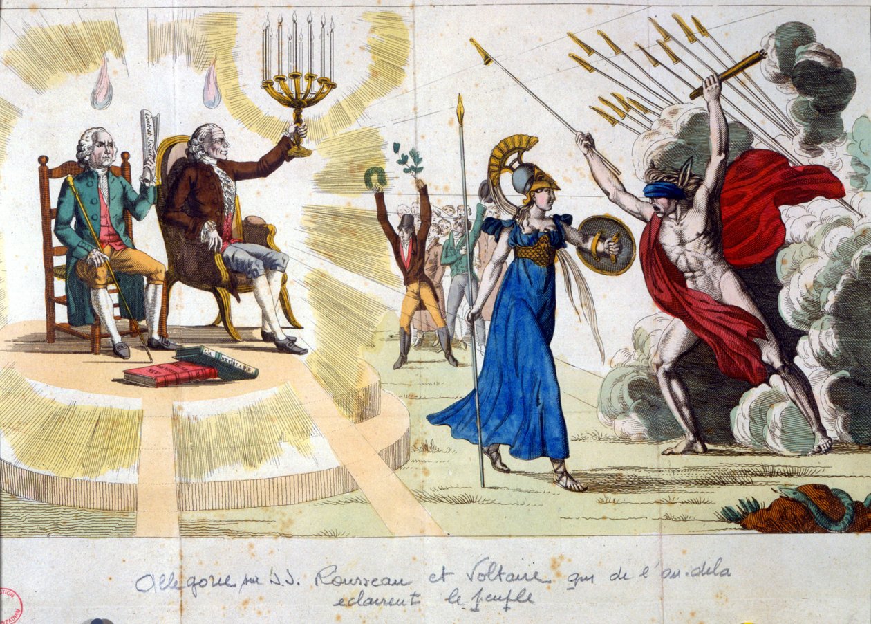 El siglo de las Luces: filósofos Jean Jacques Rousseau y Voltaire, del pasado, iluminan al pueblo - alegoría de Unknown artist