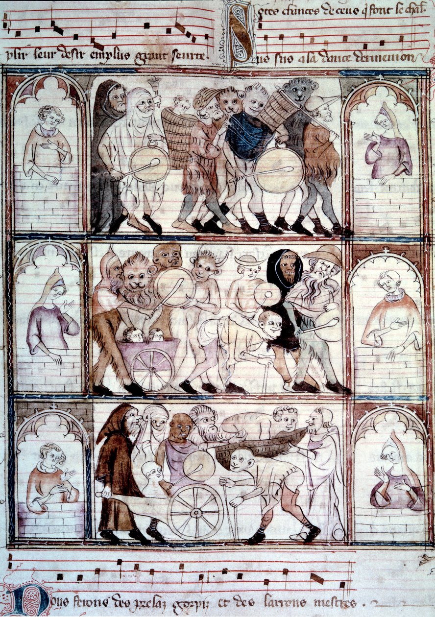 La fiesta del charivari para la boda de Fauvel. Procesión de músicos y travestis. Miniatura del manuscrito “Le roman de fauvel” de Gervais du Bus de Unknown artist