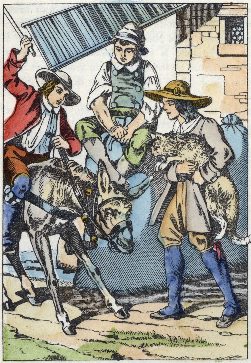 Los hijos del molinero, que acaba de morir, comparten su propiedad: burro, molino y gato. Ilustración del cuento "El gato con botas" de Charles Perrault de Unknown artist