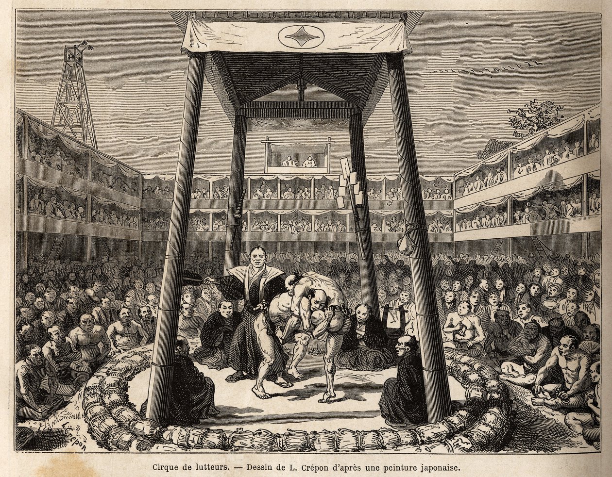 El circo de los luchadores, que esperan su turno para pelear, tiene lugar en la arena bajo la jaula de madera; alrededor, la multitud de espectadores y apostadores observan las peleas con pasión. Grabado para ilustrar el viaje a Japón, por Aime Humbert, mi de Unknown artist