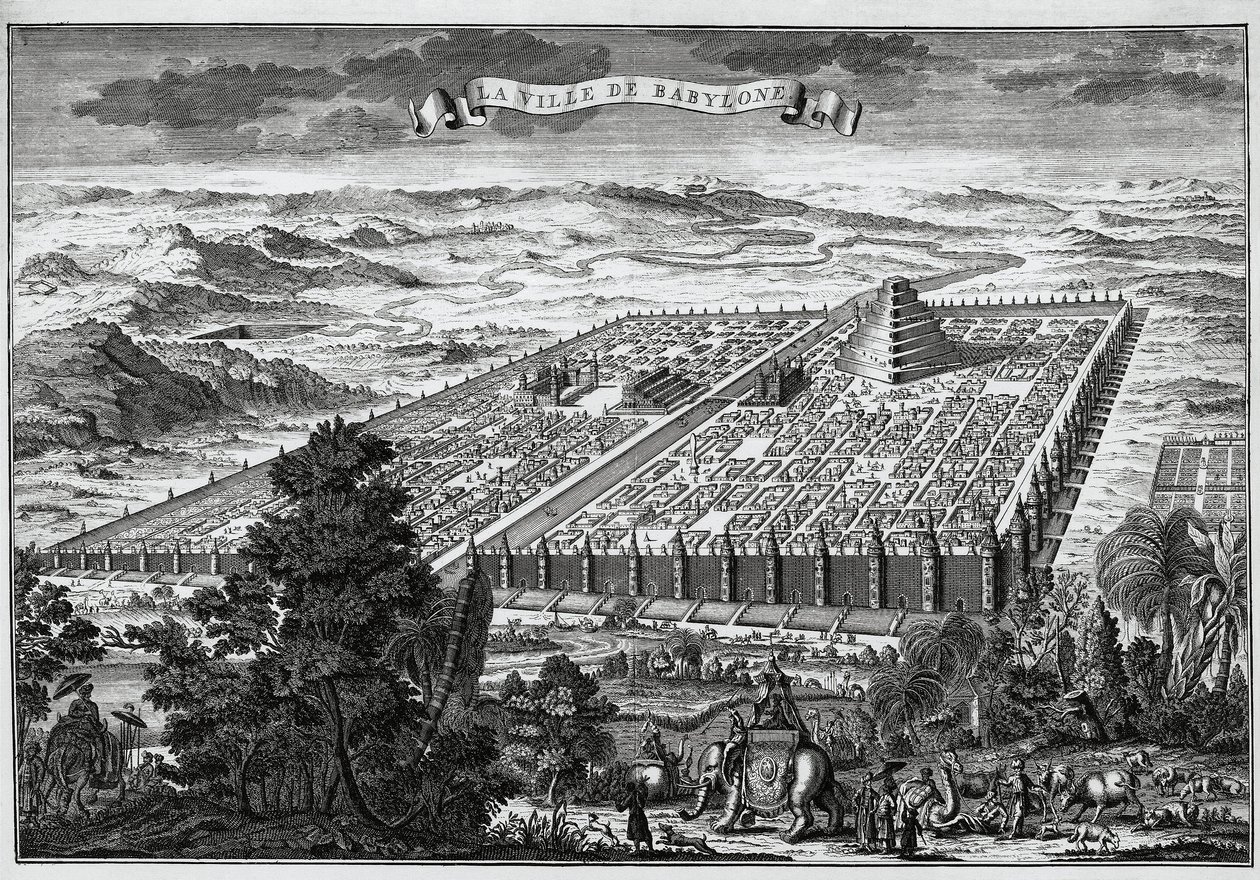 Las murallas de la ciudad de Babilonia rodeando los jardines colgantes y la torre de Babel de Unknown artist