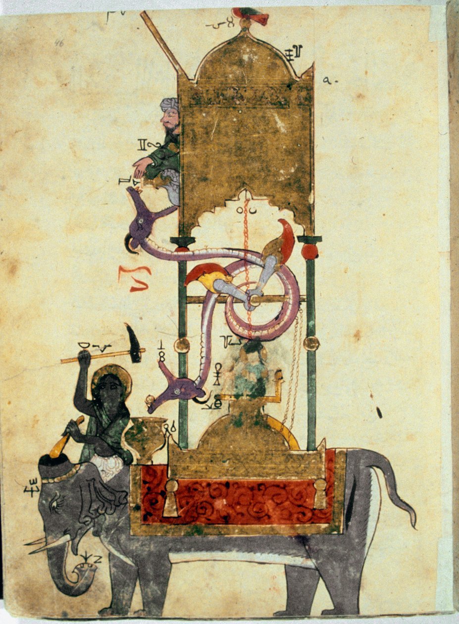 La clepsidra del elefante. Esta es una invención musulmana medieval que consiste en un reloj de agua en forma de elefante diseñado por el ingeniero turco Ibn al-Rajjaj al-Jazari (Al Rajjaj Al Jazari) (1136-1206) alrededor de 1200 de Unknown artist