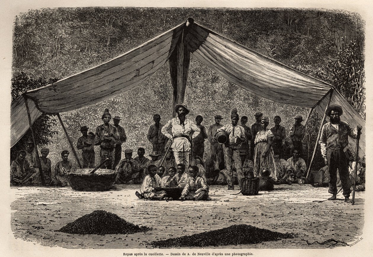 La comida común de los trabajadores después de la recolección de granos de café, que se secan en el suelo en primer plano; en el centro de la imagen, el dueño de la plantación cierra y se cubre la cabeza con un sombrero blanco. Grabado para ilustrar el via de Unknown artist