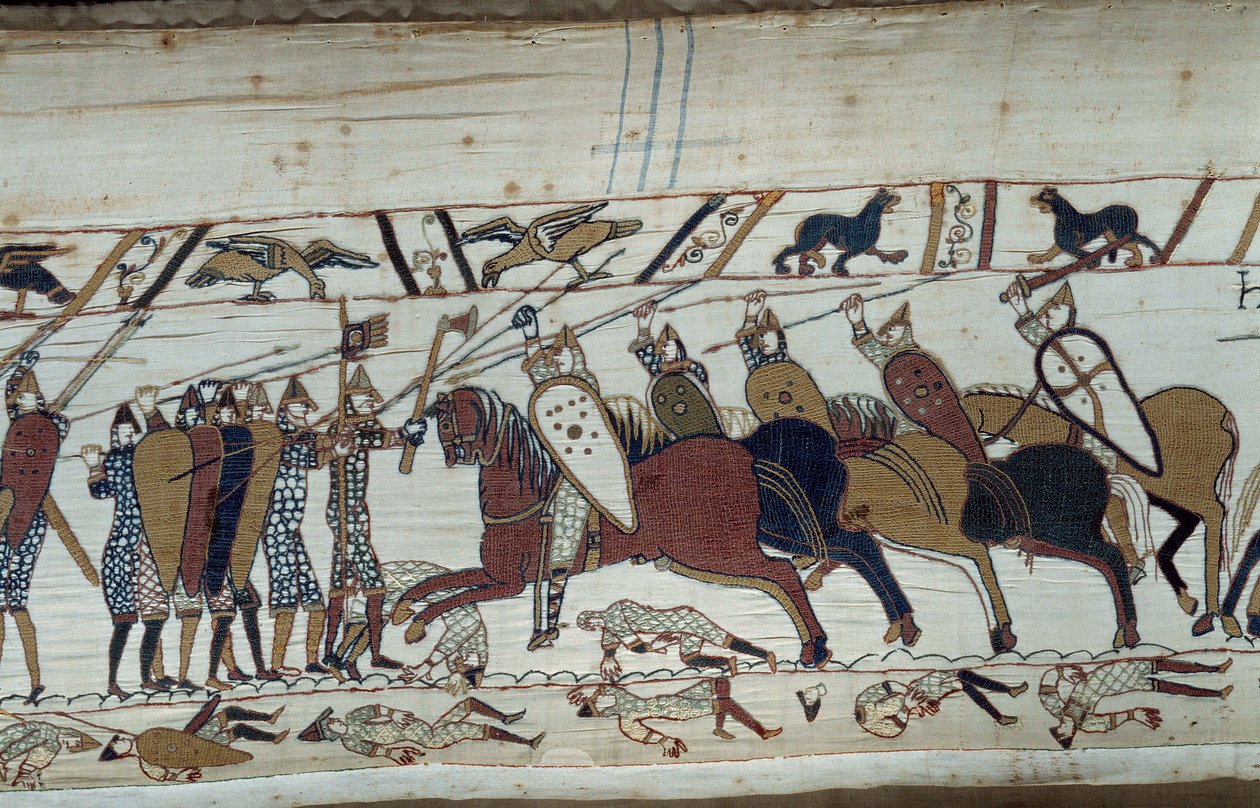 La conquista de Inglaterra por el Duque de Normandía Guillermo el Conquistador (1027-1087) en 1066: escena de la batalla de Hastings oponiendo la infantería normanda a la caballería sajona (detalle) del tapiz de Bayeux o Bordado de la Reina Matilde de Unknown artist