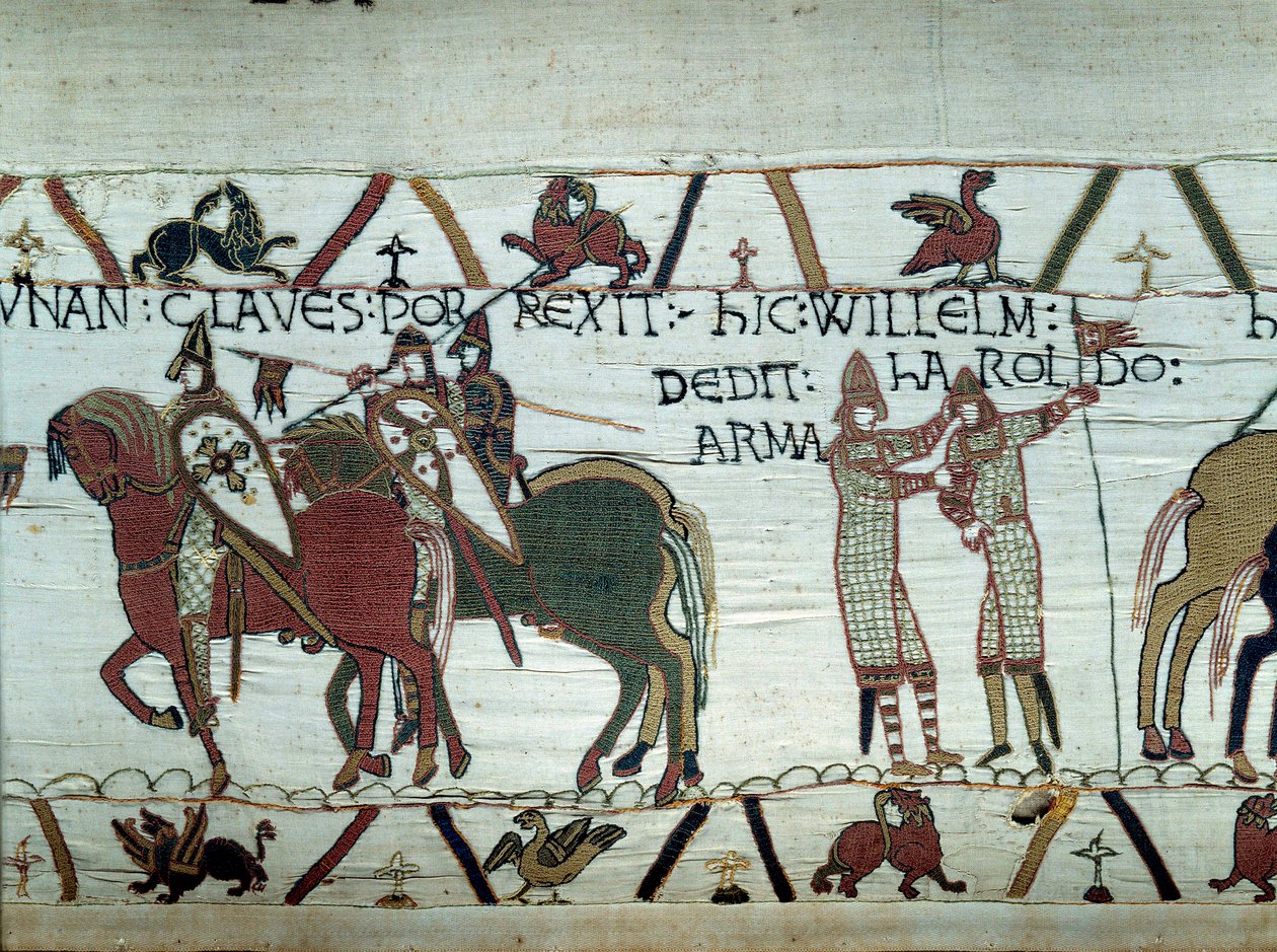 La conquista de Bretaña por el Duque de Normandía Guillermo el Conquistador (1027-1087): a la izquierda el duque recibe las llaves de la ciudad de Dinan, a la derecha hace caballero a Harold, enviado por el rey inglés Eduardo el Confesor (detalle) de Unknown artist