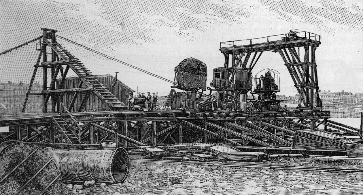 La construcción del puente Mirabeau en París (1893): el puente de servicio (de una fotografía). Grabado en "La Nature: revue des sciences et de leurs applications aux arts et a l