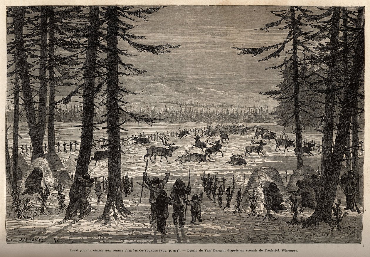 El coral para la caza de renos en el Co-Yukon (co-Yukon o co-Youkouk) (tribu india del extremo norte de Canadá). Grabado para ilustrar el viaje y aventuras en la Colombia Inglesa, Isla de Vancouver y Alaska, por Frederick Whymper de Unknown artist
