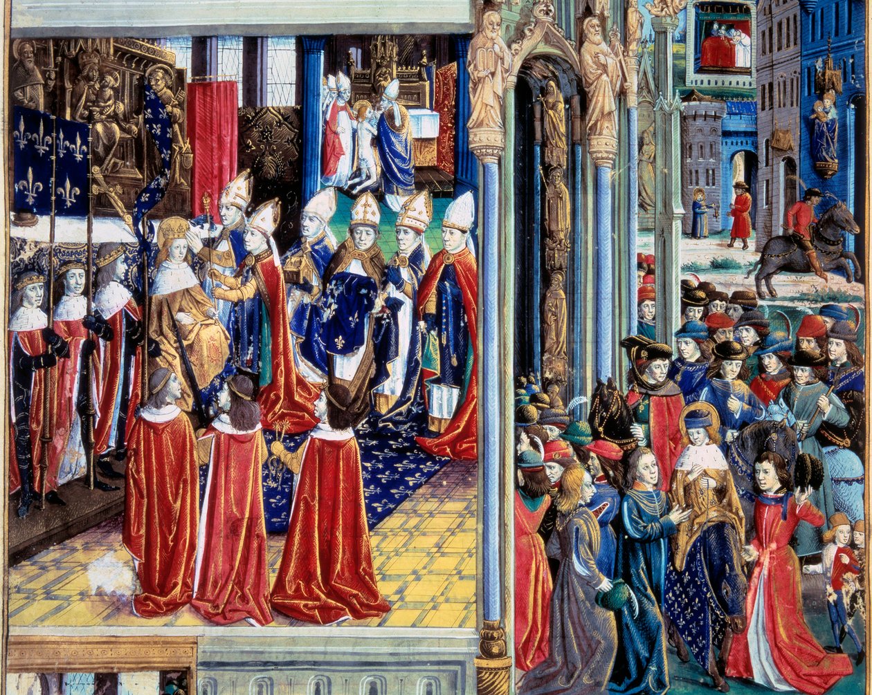 La coronación del Rey San Luis (Luis IX) (1214-1270) el 29/11/1226 en la Catedral de Reims. Miniatura de un manuscrito 