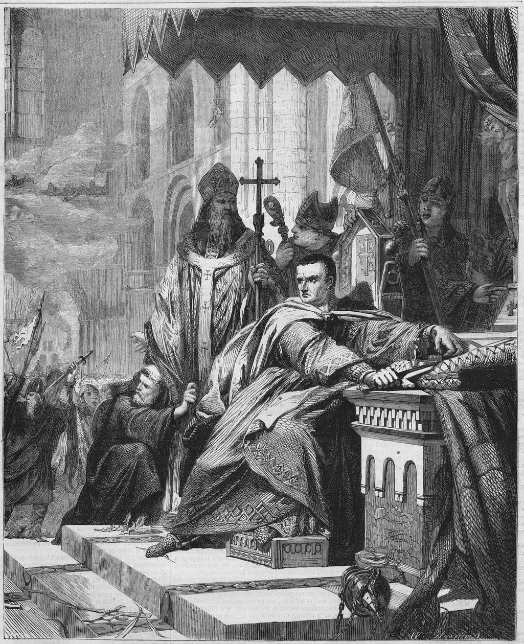 La coronación de Guillermo I el Conquistador (1027 - 1087) en 1066. Duque de Normandía (1035 - 1087) y Rey de Inglaterra (1066 - 1087). Grabado del siglo XIX de Unknown artist