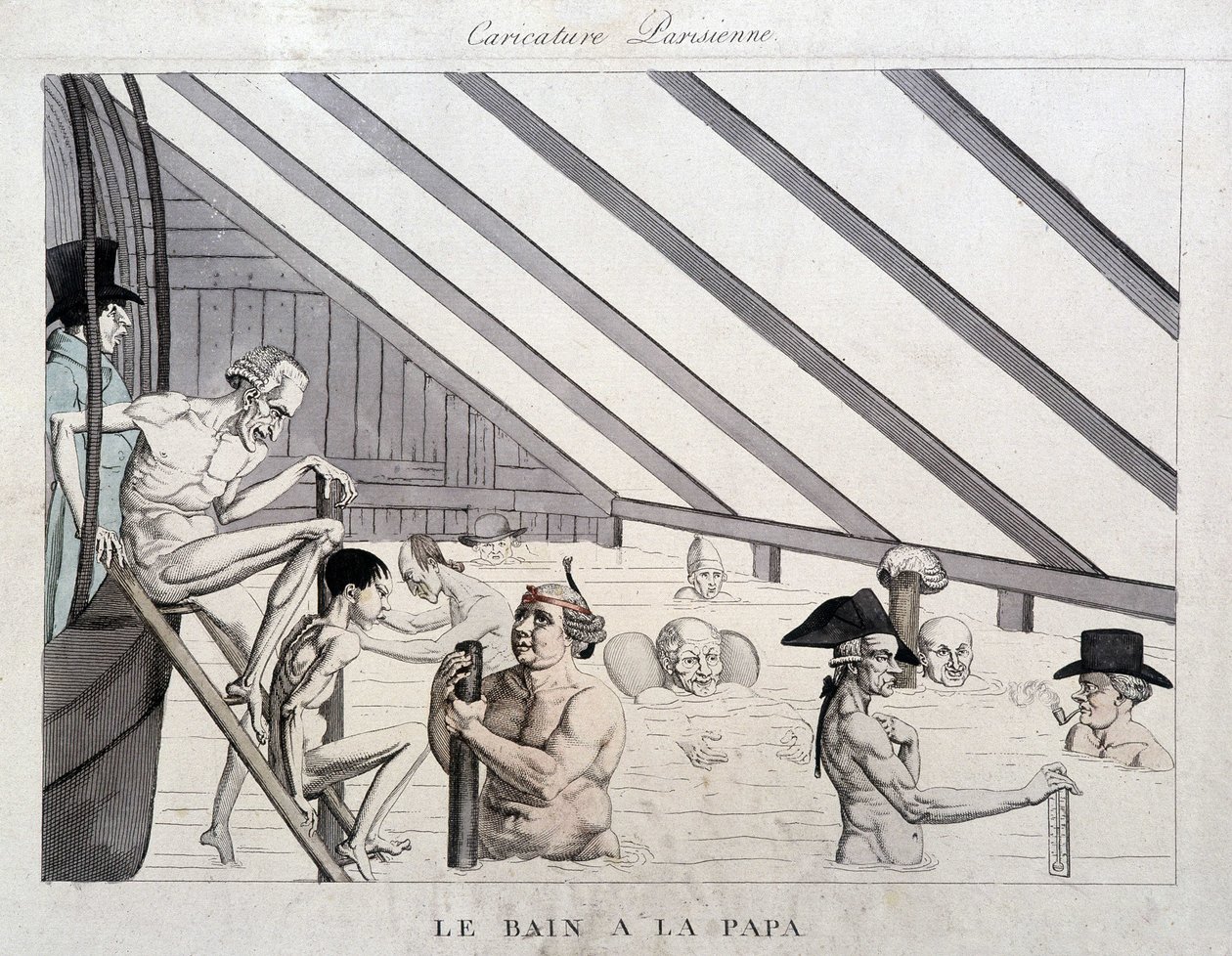 El baño del papá: caricatura sobre las piscinas en París de Unknown artist