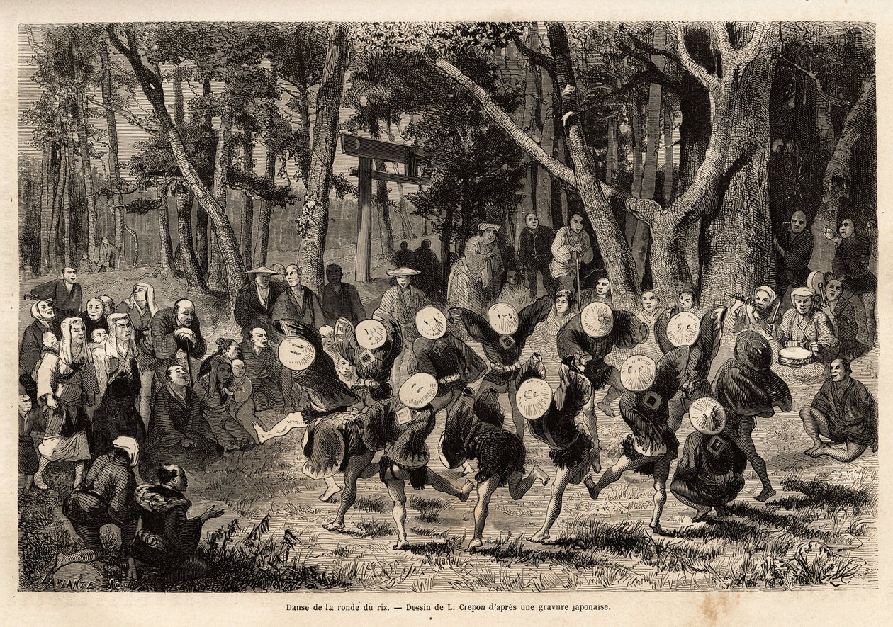 La danza del arroz en el décimo mes del año, relacionada con los cultivos de cereales. Grabado para ilustrar el viaje a Japón, por Aime Humbert, ministro de la Confederación Suiza, en 1863-1864, publicado en 