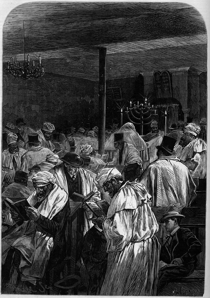 El día del gran perdón de los judíos o celebración del Yom Kipur en una sinagoga en la rue Saint Louis en l