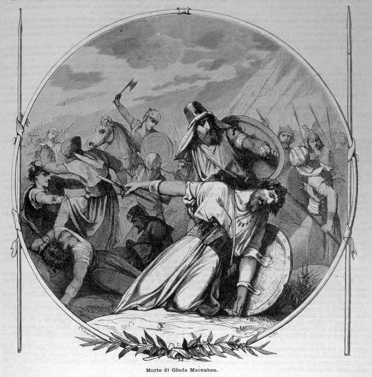 La muerte de Judas Macabeo durante la revuelta de los Macabeos contra los Seléucidas en 160 a.C. Grabado del siglo XIX. de Unknown artist